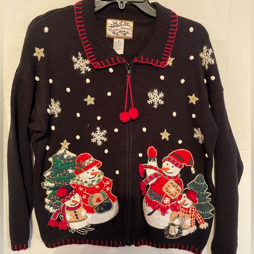 Black Snowman Christmas Sweater Cardigan Vintage Heirloom Collectibles Size M